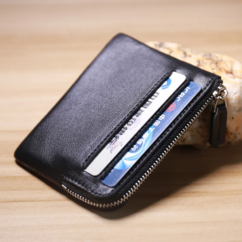 Slim Women Brown Leather Card Wallet Minimalist Zip Billfold Card Holder Wallet Coin Wallet For Women