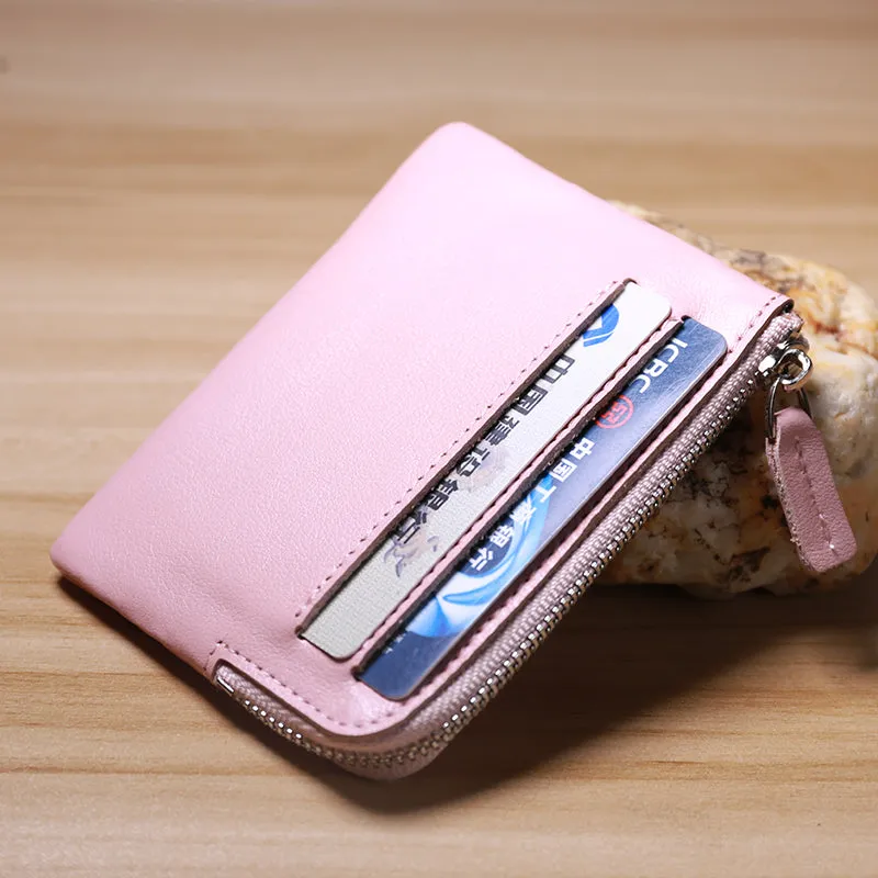 Slim Women Brown Leather Card Wallet Minimalist Zip Billfold Card Holder Wallet Coin Wallet For Women