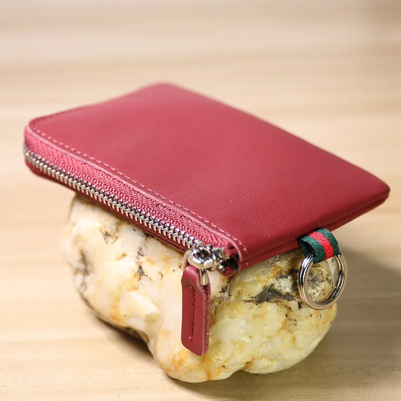 Slim Women Coffee Leather Mini Zip Wallet with Keychain Billfold Minimalist Coin Wallet Small Zip Change Wallet For Women
