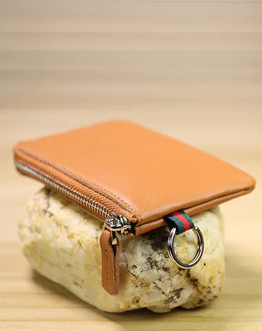 Slim Women Coffee Leather Mini Zip Wallet with Keychain Billfold Minimalist Coin Wallet Small Zip Change Wallet For Women