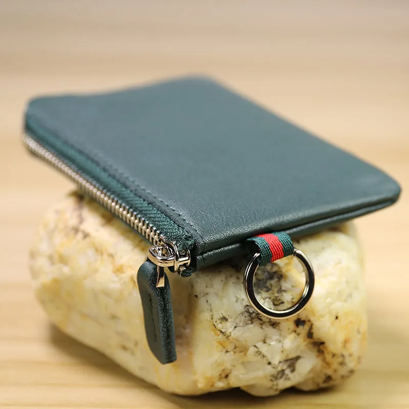 Slim Women Coffee Leather Mini Zip Wallet with Keychain Billfold Minimalist Coin Wallet Small Zip Change Wallet For Women