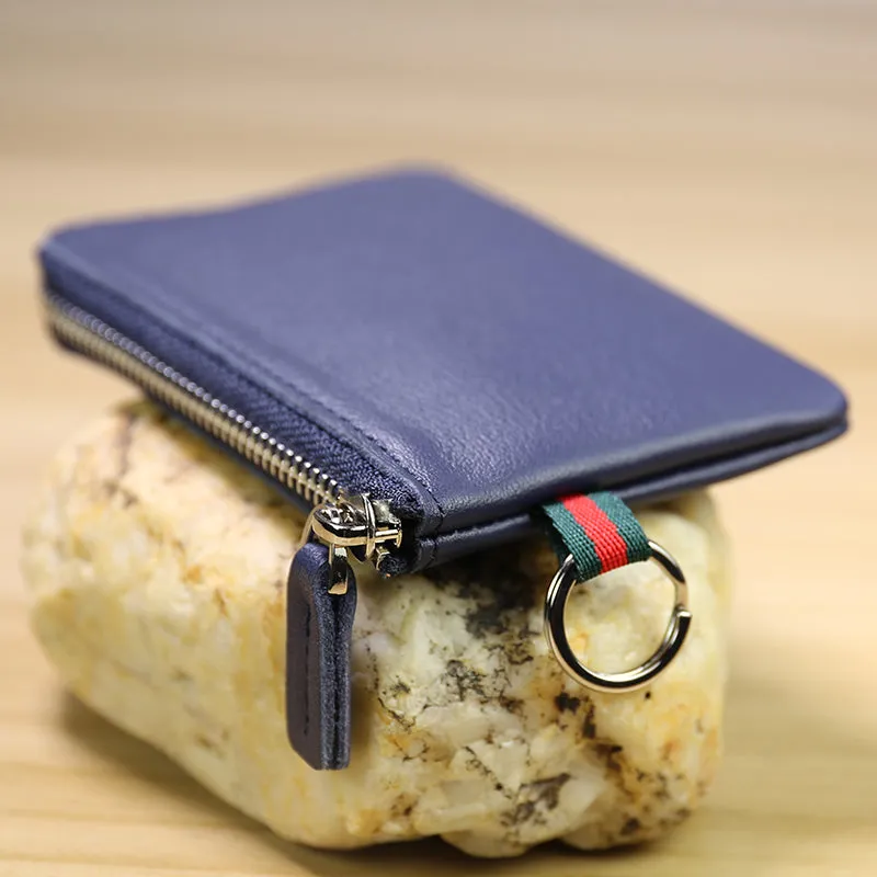 Slim Women Coffee Leather Mini Zip Wallet with Keychain Billfold Minimalist Coin Wallet Small Zip Change Wallet For Women