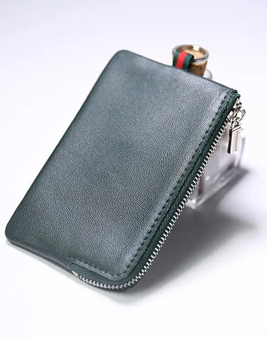 Slim Women Coffee Leather Zip Wallet with Keychains Billfold Minimalist Coin Wallet Small Zip Change Wallet For Women