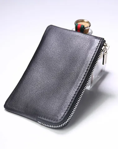 Slim Women Coffee Leather Zip Wallet with Keychains Billfold Minimalist Coin Wallet Small Zip Change Wallet For Women