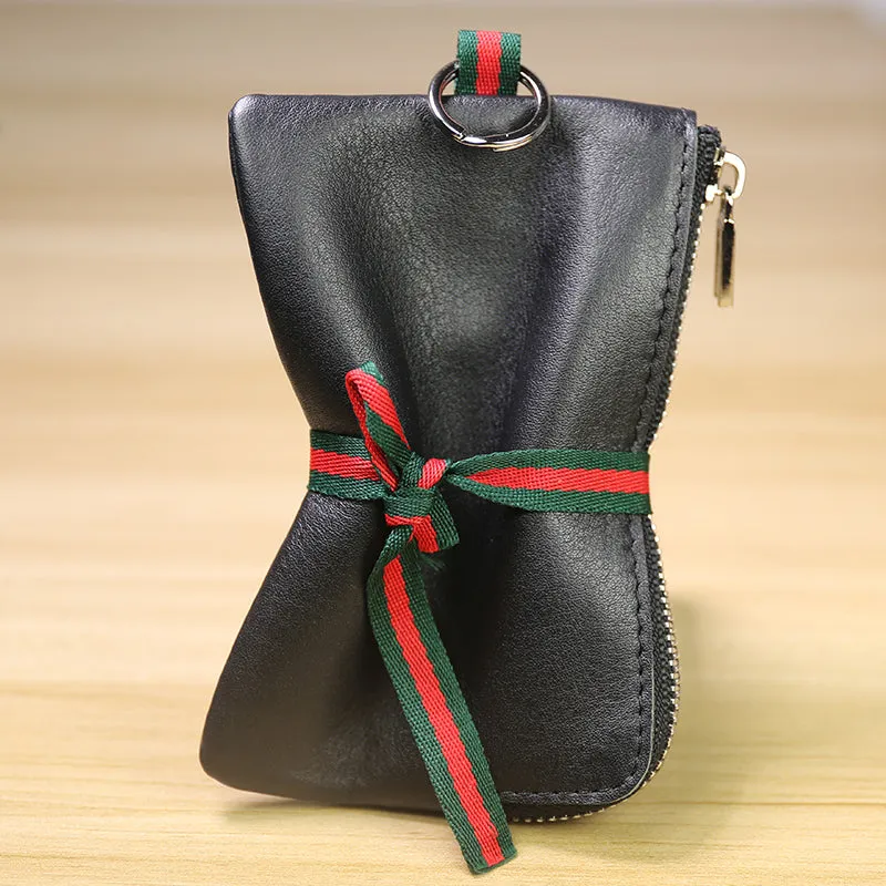Slim Women Coffee Leather Zip Wallet with Keychains Billfold Minimalist Coin Wallet Small Zip Change Wallet For Women