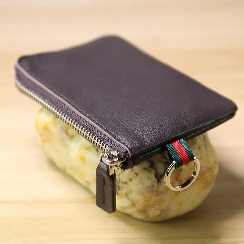 Slim Women Green Leather Mini Zip Wallet with Keychain Billfold Minimalist Coin Wallet Small Zip Change Wallet For Women