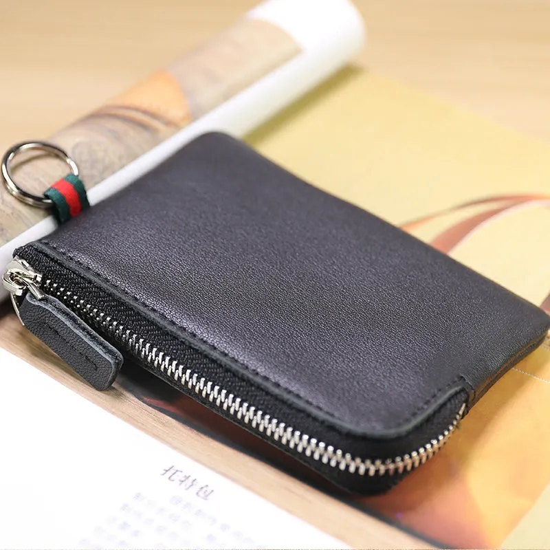 Slim Women Green Leather Mini Zip Wallet with Keychain Billfold Minimalist Coin Wallet Small Zip Change Wallet For Women