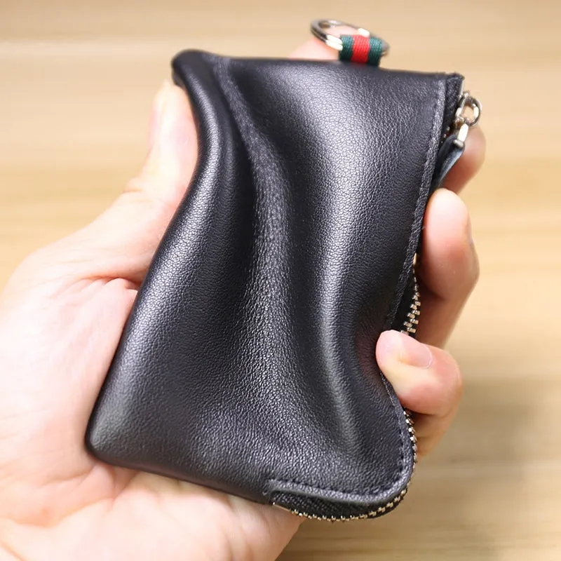 Slim Women Green Leather Mini Zip Wallet with Keychain Billfold Minimalist Coin Wallet Small Zip Change Wallet For Women