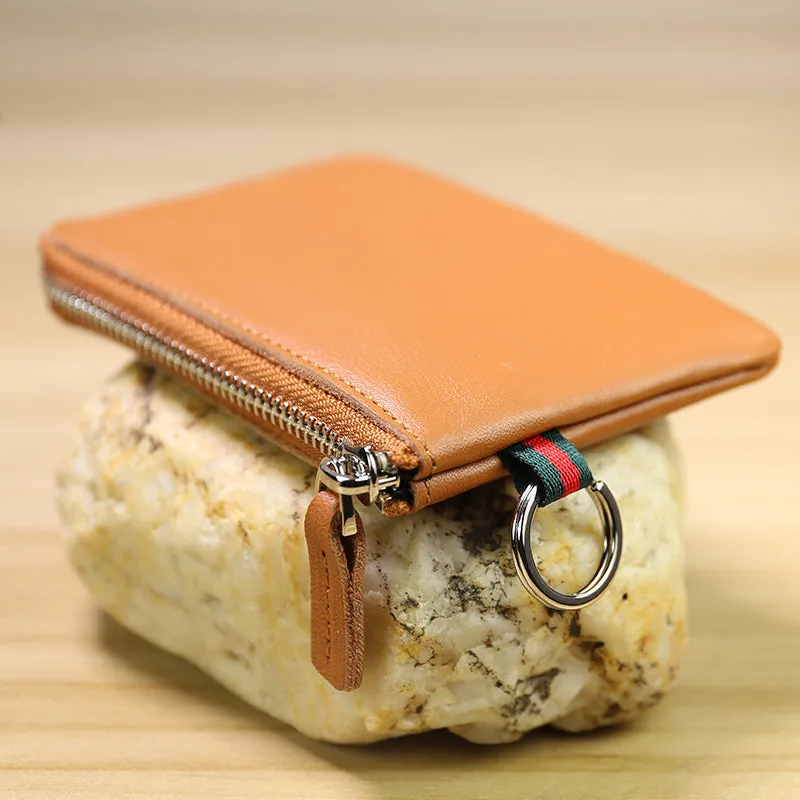 Slim Women Green Leather Mini Zip Wallet with Keychain Billfold Minimalist Coin Wallet Small Zip Change Wallet For Women