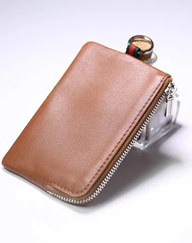 Slim Women Pink Leather Zip Wallet with Keychains Billfold Minimalist Coin Wallet Small Zip Change Wallet For Women