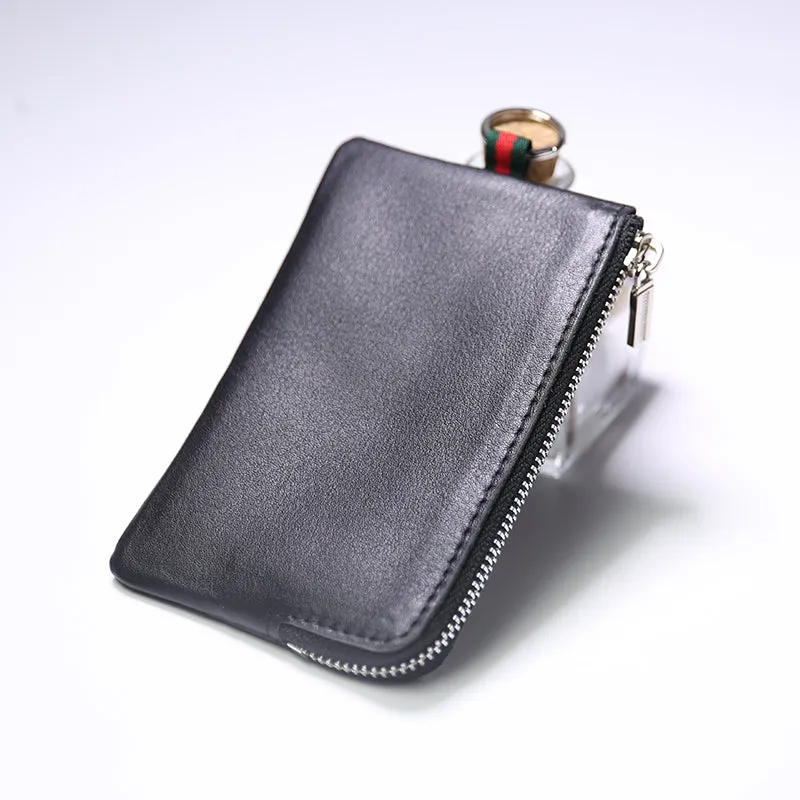 Slim Women Pink Leather Zip Wallet with Keychains Billfold Minimalist Coin Wallet Small Zip Change Wallet For Women