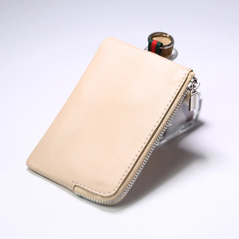 Slim Women Pink Leather Zip Wallet with Keychains Billfold Minimalist Coin Wallet Small Zip Change Wallet For Women