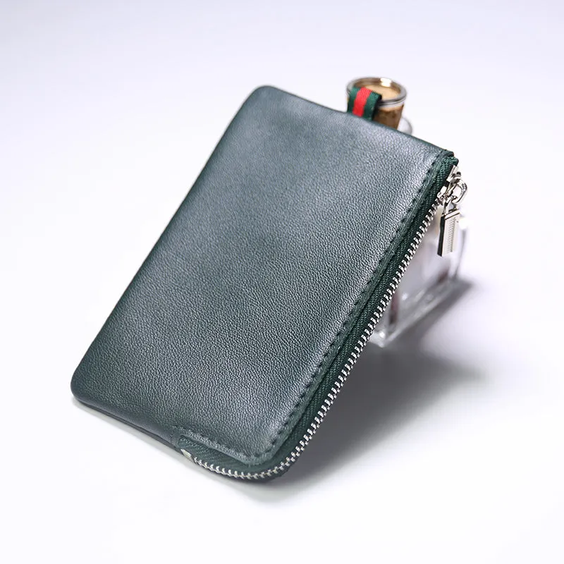 Slim Women Pink Leather Zip Wallet with Keychains Billfold Minimalist Coin Wallet Small Zip Change Wallet For Women