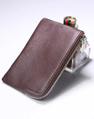 Slim Women Pink Leather Zip Wallet with Keychains Billfold Minimalist Coin Wallet Small Zip Change Wallet For Women