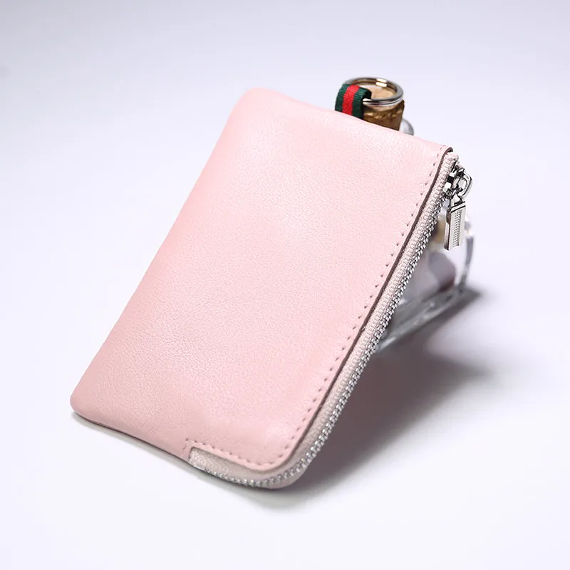 Slim Women Pink Leather Zip Wallet with Keychains Billfold Minimalist Coin Wallet Small Zip Change Wallet For Women