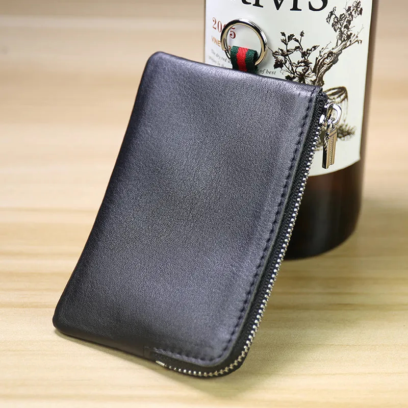Slim Women Pink Leather Zip Wallet with Keychains Billfold Minimalist Coin Wallet Small Zip Change Wallet For Women