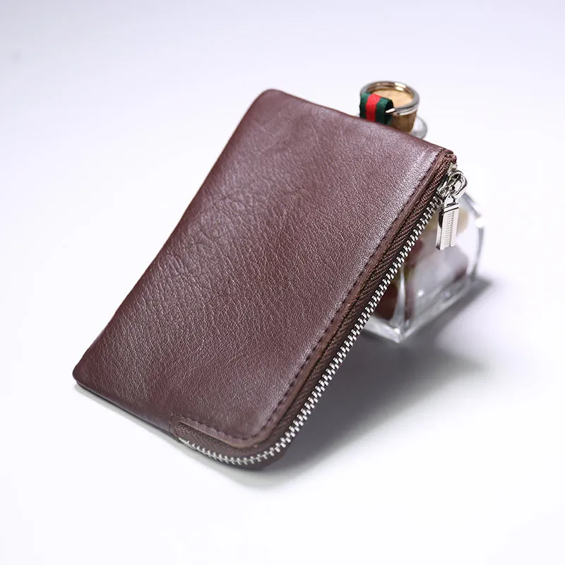 Slim Women Pink Leather Zip Wallet with Keychains Billfold Minimalist Coin Wallet Small Zip Change Wallet For Women
