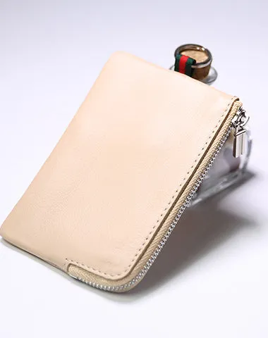 Slim Women Pink Leather Zip Wallet with Keychains Billfold Minimalist Coin Wallet Small Zip Change Wallet For Women