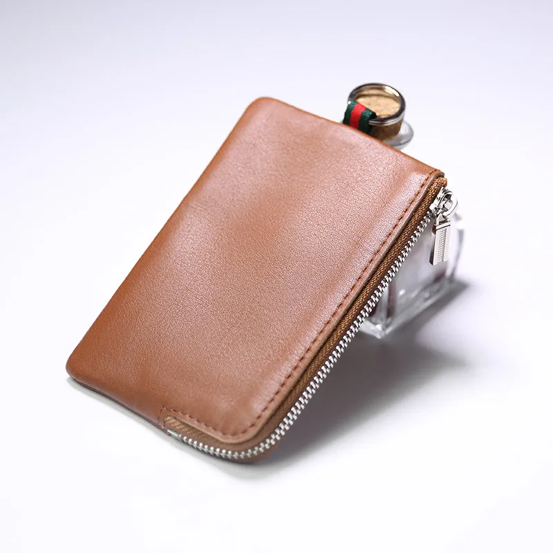 Slim Women Pink Leather Zip Wallet with Keychains Billfold Minimalist Coin Wallet Small Zip Change Wallet For Women