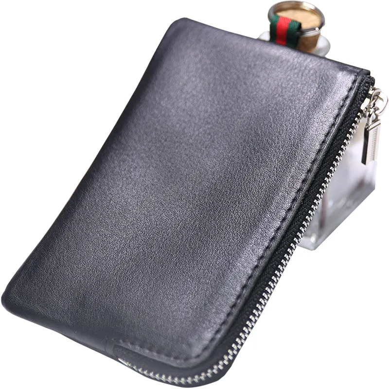 Slim Women Pink Leather Zip Wallet with Keychains Billfold Minimalist Coin Wallet Small Zip Change Wallet For Women