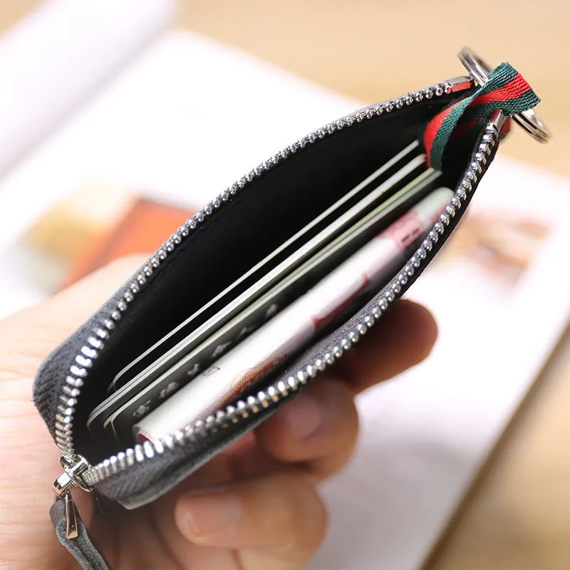 Slim Women Red Leather Mini Zip Wallet with Keychain Billfold Minimalist Coin Wallet Small Zip Change Wallet For Women