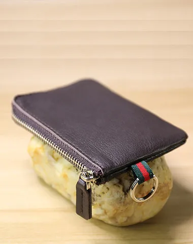 Slim Women Red Leather Mini Zip Wallet with Keychain Billfold Minimalist Coin Wallet Small Zip Change Wallet For Women