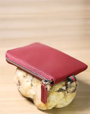 Slim Women Red Leather Mini Zip Wallet with Keychain Billfold Minimalist Coin Wallet Small Zip Change Wallet For Women