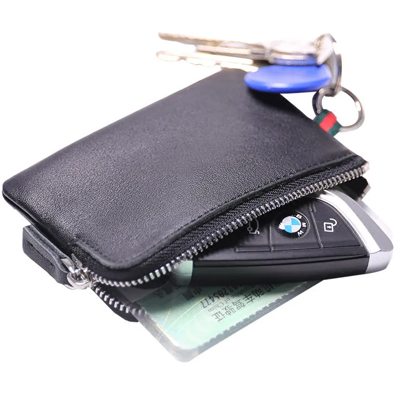 Slim Women Red Leather Mini Zip Wallet with Keychain Billfold Minimalist Coin Wallet Small Zip Change Wallet For Women