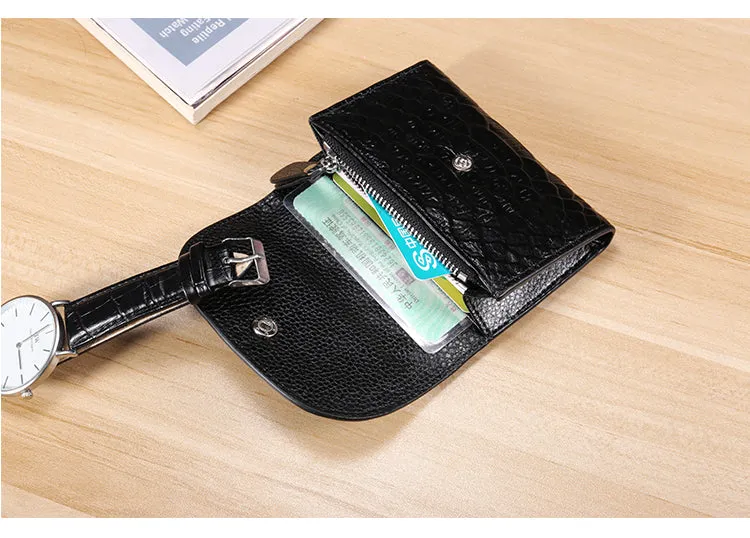 Stylish Womens Black Crocodile Pattern Leather Billfold Wallet Small Wallet with Coin Pocket Slim Wallet for Ladies