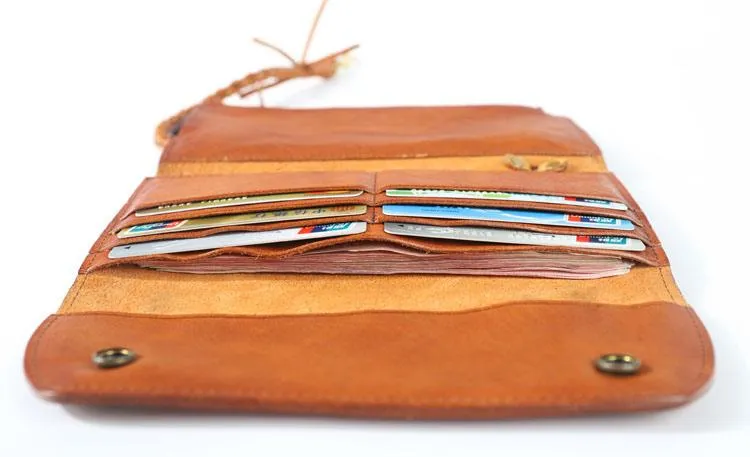 Tan Leather Mens Cool Trifold Chain Wallet Long Leather Chain Wallet Biker Wallet for Men