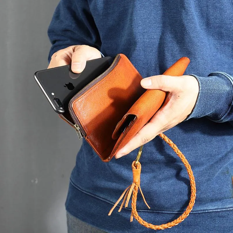 Tan Leather Mens Cool Trifold Chain Wallet Long Leather Chain Wallet Biker Wallet for Men