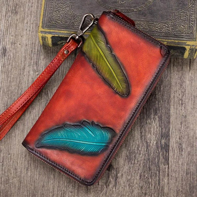Tan Tooled Womens Leather Clutch Wallet Zipper Wristlet Wallet Feather Bifold Long Purse for Ladies