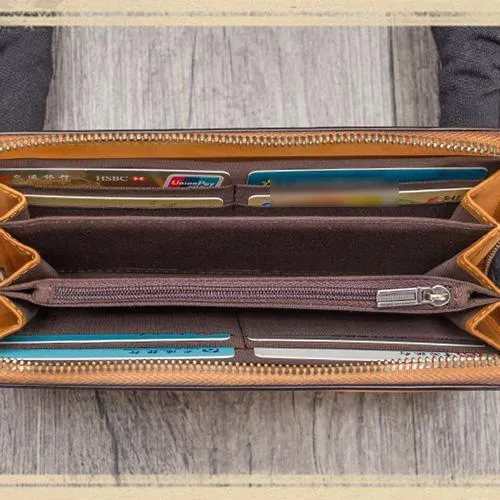 Tan Tooled Womens Leather Clutch Wallet Zipper Wristlet Wallet Feather Bifold Long Purse for Ladies