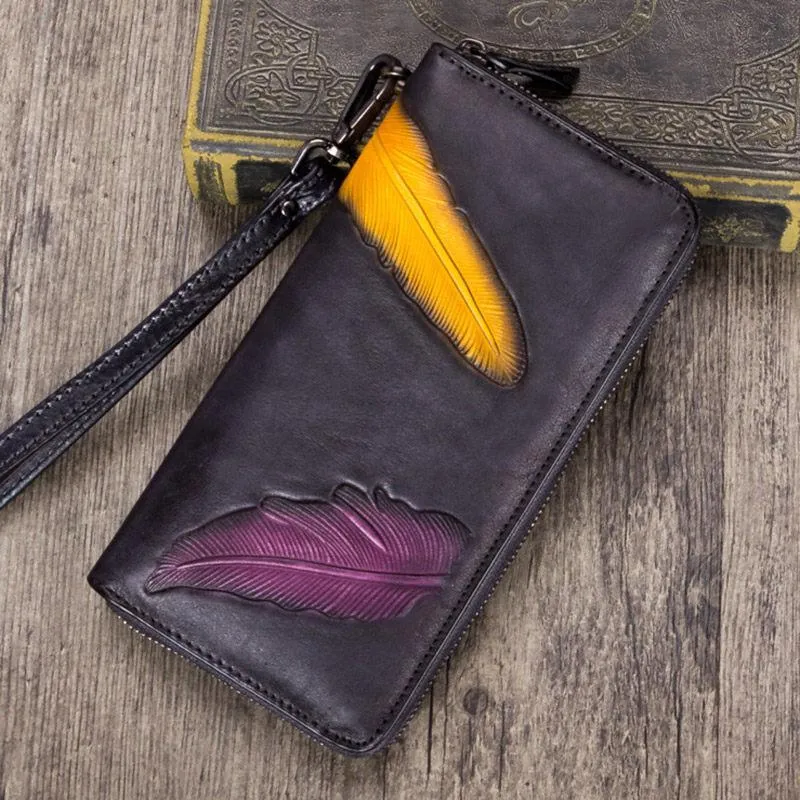 Tan Tooled Womens Leather Clutch Wallet Zipper Wristlet Wallet Feather Bifold Long Purse for Ladies