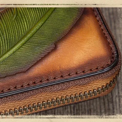 Tan Tooled Womens Leather Clutch Wallet Zipper Wristlet Wallet Feather Bifold Long Purse for Ladies