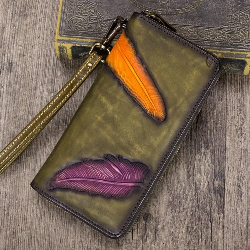 Tan Tooled Womens Leather Clutch Wallet Zipper Wristlet Wallet Feather Bifold Long Purse for Ladies