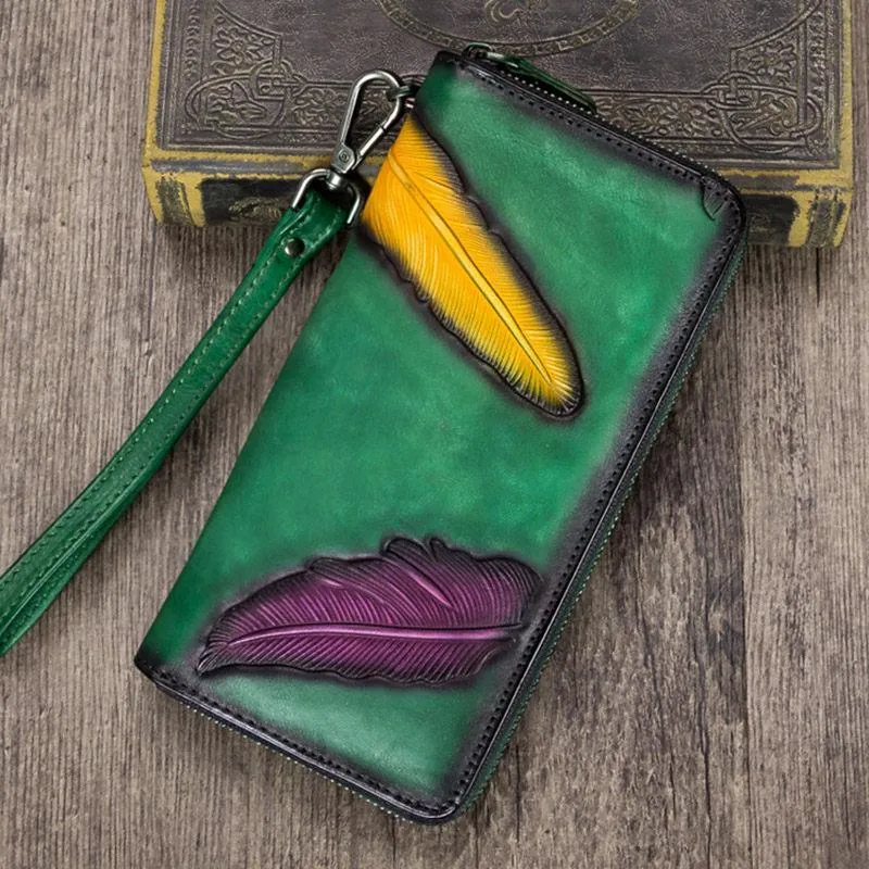 Tan Tooled Womens Leather Clutch Wallet Zipper Wristlet Wallet Feather Bifold Long Purse for Ladies