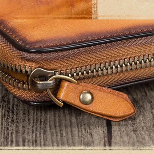 Tan Tooled Womens Leather Clutch Wallet Zipper Wristlet Wallet Feather Bifold Long Purse for Ladies