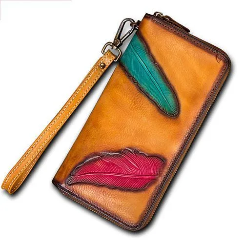 Tan Tooled Womens Leather Clutch Wallet Zipper Wristlet Wallet Feather Bifold Long Purse for Ladies