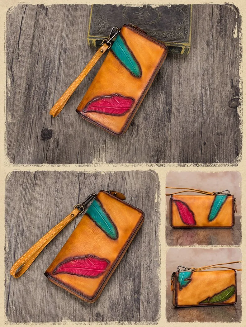 Tan Tooled Womens Leather Clutch Wallet Zipper Wristlet Wallet Feather Bifold Long Purse for Ladies