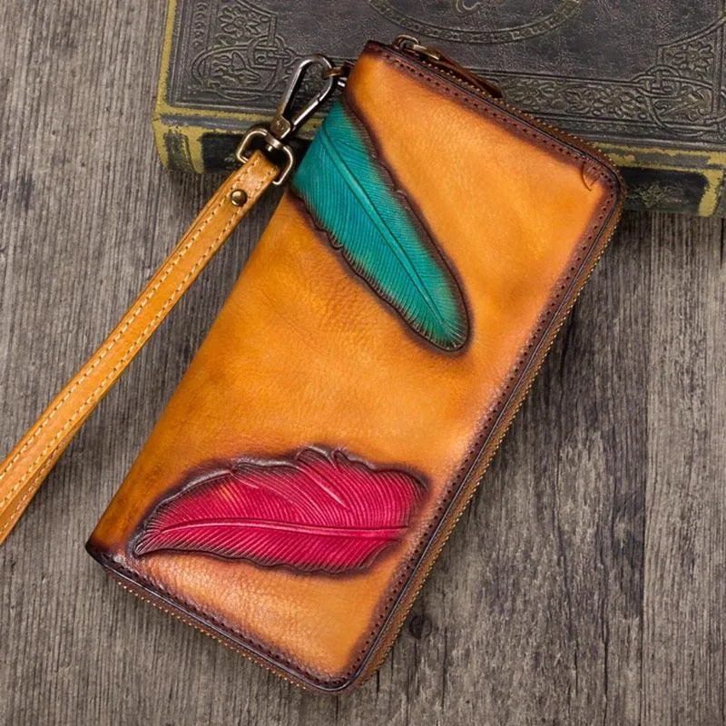 Tan Tooled Womens Leather Clutch Wallet Zipper Wristlet Wallet Feather Bifold Long Purse for Ladies