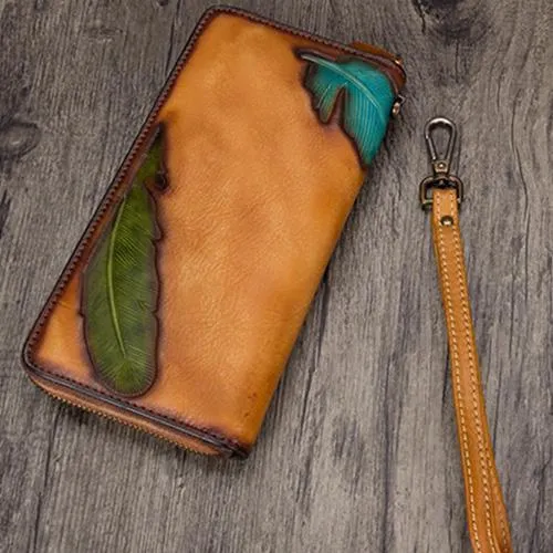 Tan Tooled Womens Leather Clutch Wallet Zipper Wristlet Wallet Feather Bifold Long Purse for Ladies