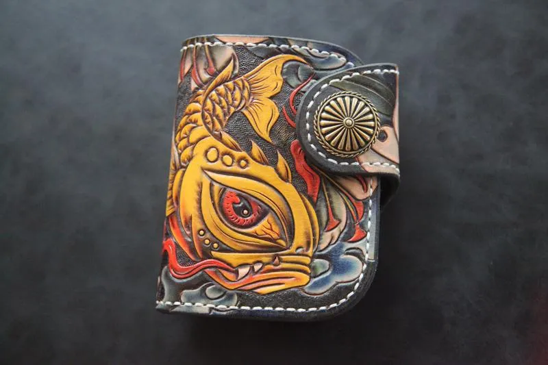 Tooled Arowana Handmade Leather Mens billfold Biker Wallets BIfold SMall Wallet For Men