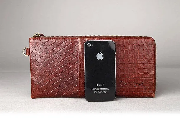 Vintage Bifold Coffee genuine Leather Long wallet clutch bag For Men Zipper holder