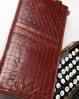 Vintage Bifold Coffee genuine Leather Long wallet clutch bag For Men Zipper holder