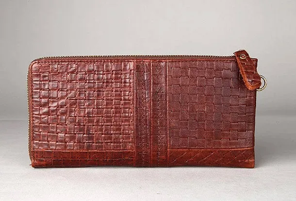 Vintage Bifold Coffee genuine Leather Long wallet clutch bag For Men Zipper holder