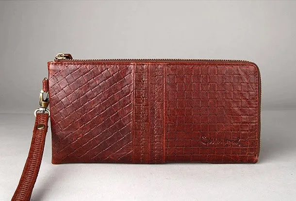 Vintage Bifold Coffee genuine Leather Long wallet clutch bag For Men Zipper holder