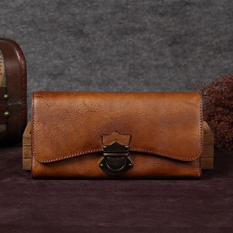 Vintage Bifold Leather Wallets For Women Unique Brown Womens Long Wallets