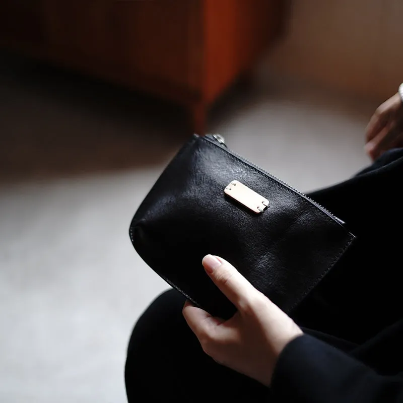 Vintage Black Leather Zipper Wallet Womens Zip Around Wallets Black Ladies Zipper Clutch Wallet for Women