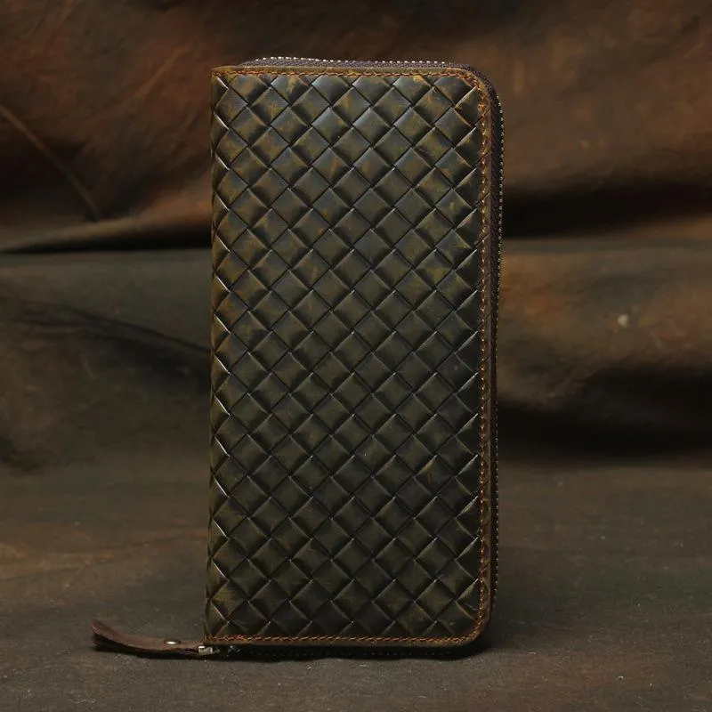 Vintage Braided Brown Leather Men's Clutch Long Wallet Zipper Long Wallet For Men